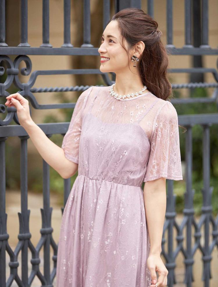 レースウエストギャザーミモレ丈ドレス(ピンク)