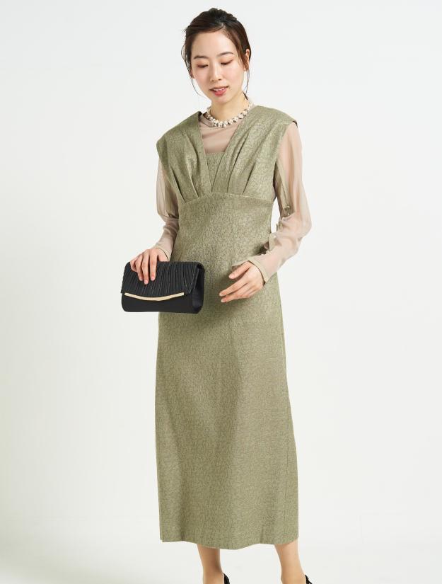 【M/L】ブラウス付Vネックドレス（カーキ）