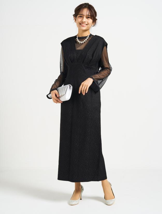 【M/L】ブラウス付Vネックドレス（ブラック）