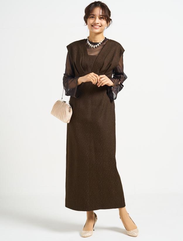 【M/L】ブラウス付Vネックドレス（ブラウン）
